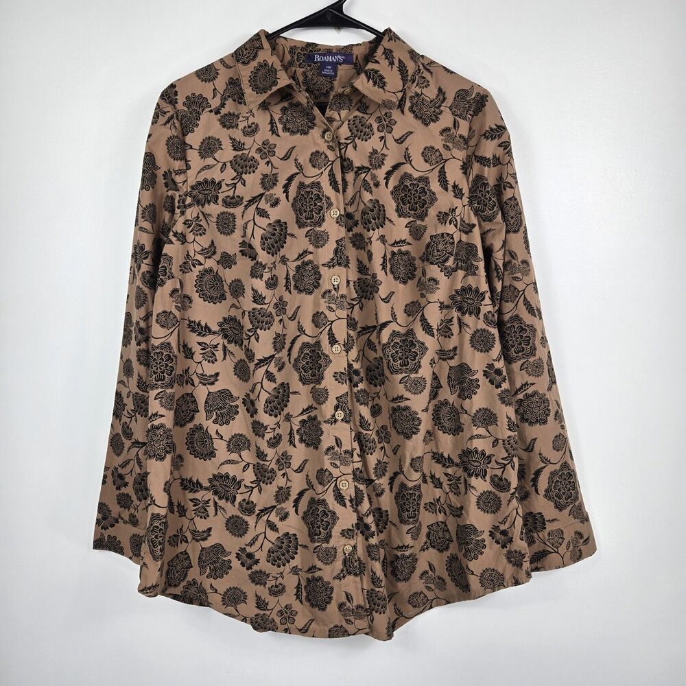 Roaman's Women's‎ Size 14W Brown Black Long Sleeve Button Up Shirt